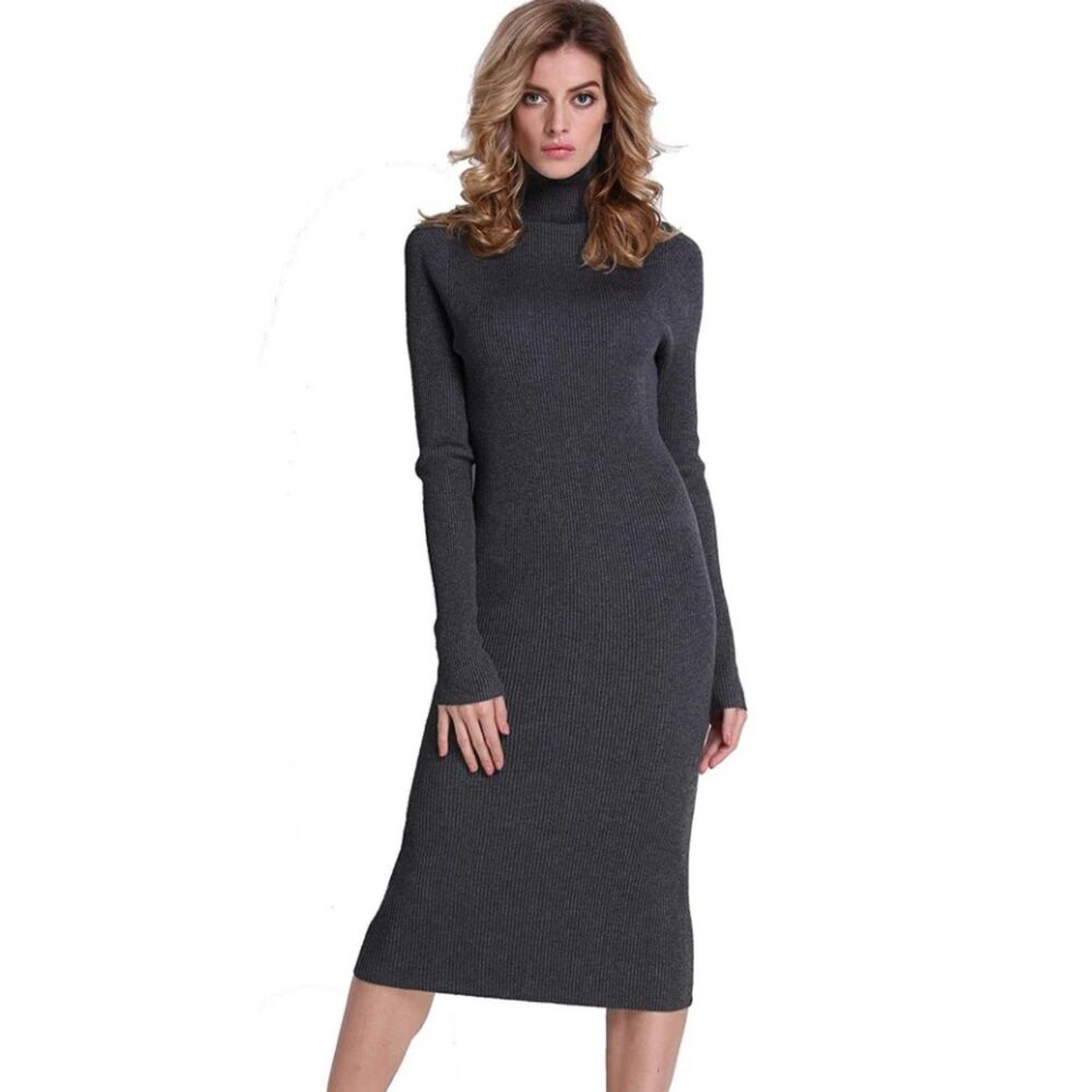 ANTONIO MELANI Gray Sz Large Stretch Ribbed Bodycon Turtleneck Sweater Dress NEW